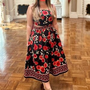 New York & Company Two Piece Black Dress with Red Floral Design